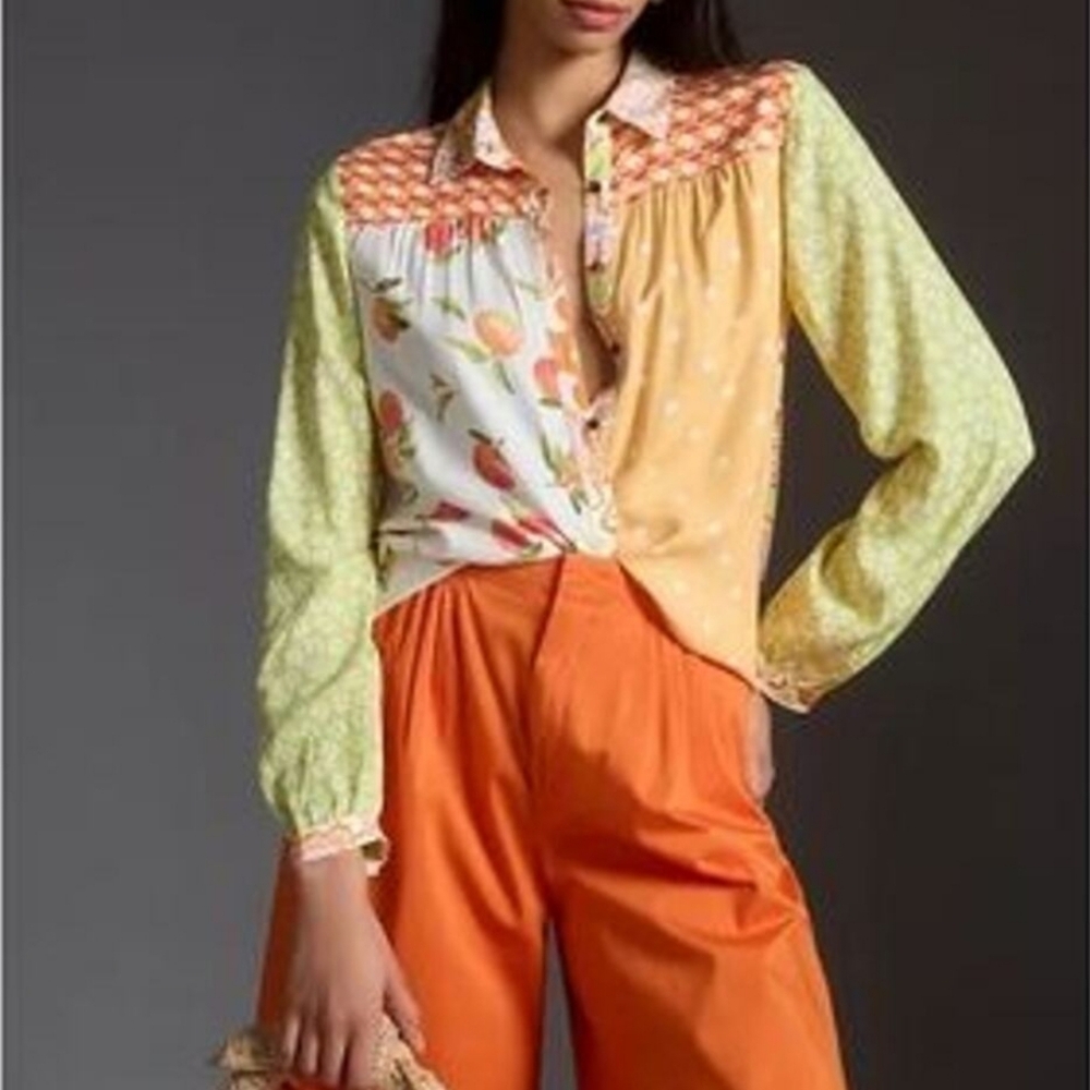 Anthropologie Maeve Alida Contrast Button Down Peach Shirt Women's XXS‎